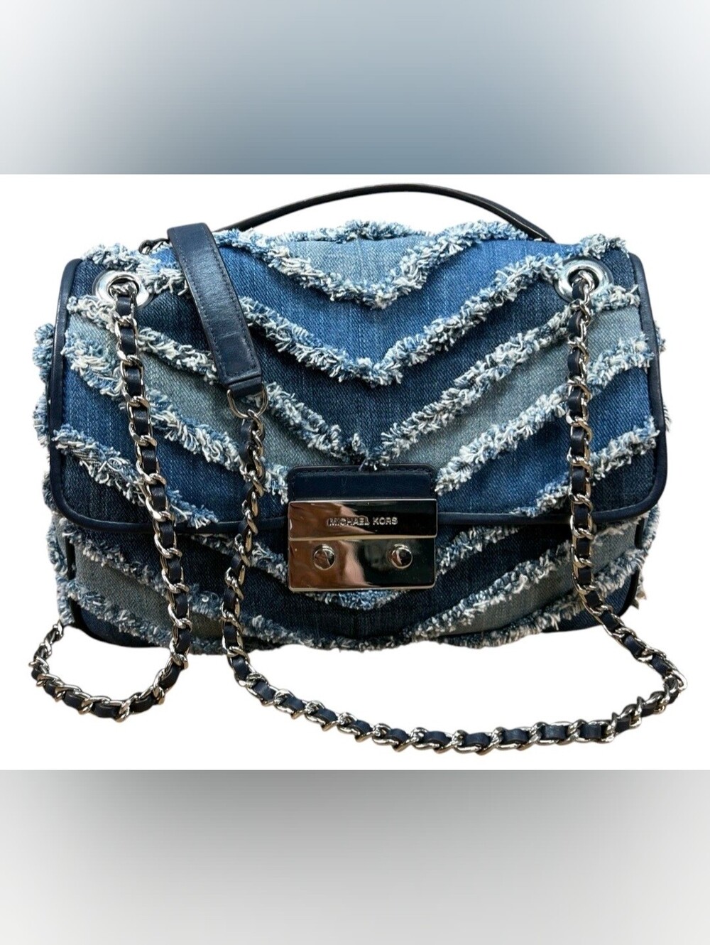 Michael Kors Sloan Frayed Denim Shoulder Bag - Picture 3 of 11
